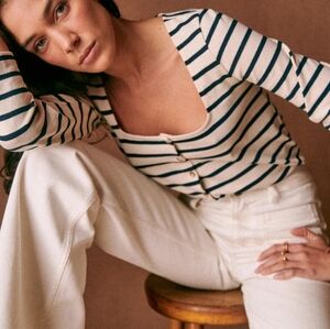 Nwt! Sezane Linae Mariniere Long Sleeve Organic Cotton Sailboat Top Ecru/navy